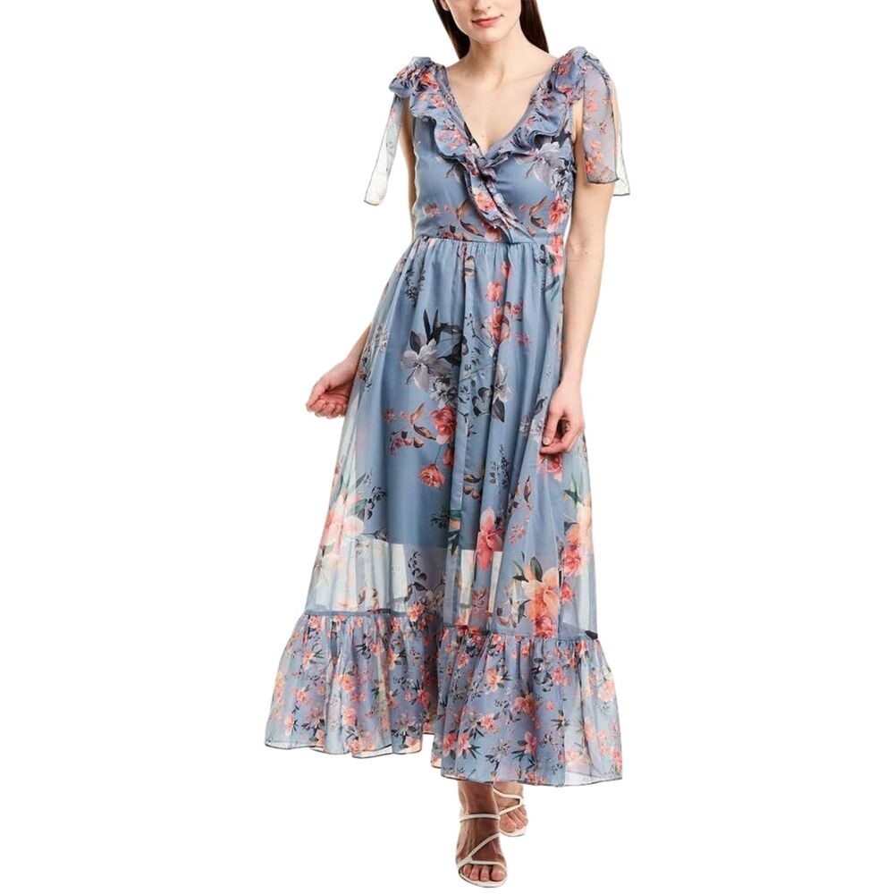 French Connection Blue Sheer Floral Maxi Dress Tie Strap Boho Overlay